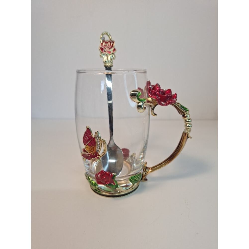Arc of France Jeweled Clear Glass Teacup with Matching Spoon.